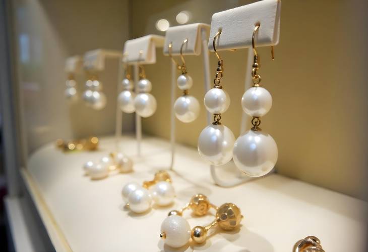 Luxurious CloseUp of Beautiful Pearl Earrings in a Jewelry Showcase